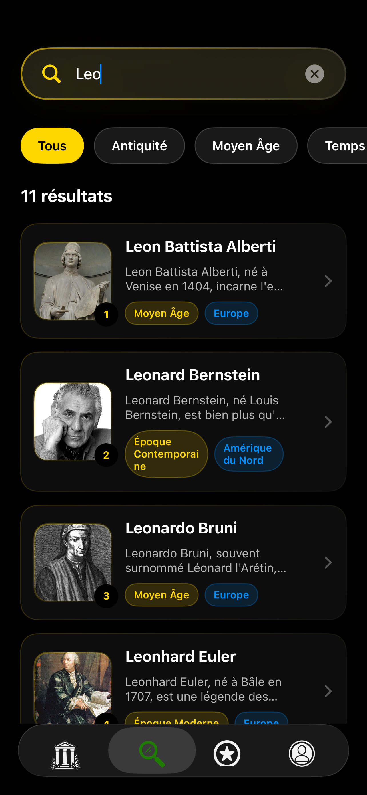 Fonctionnalité de recherche avancée dans Epock - Filtres par époque