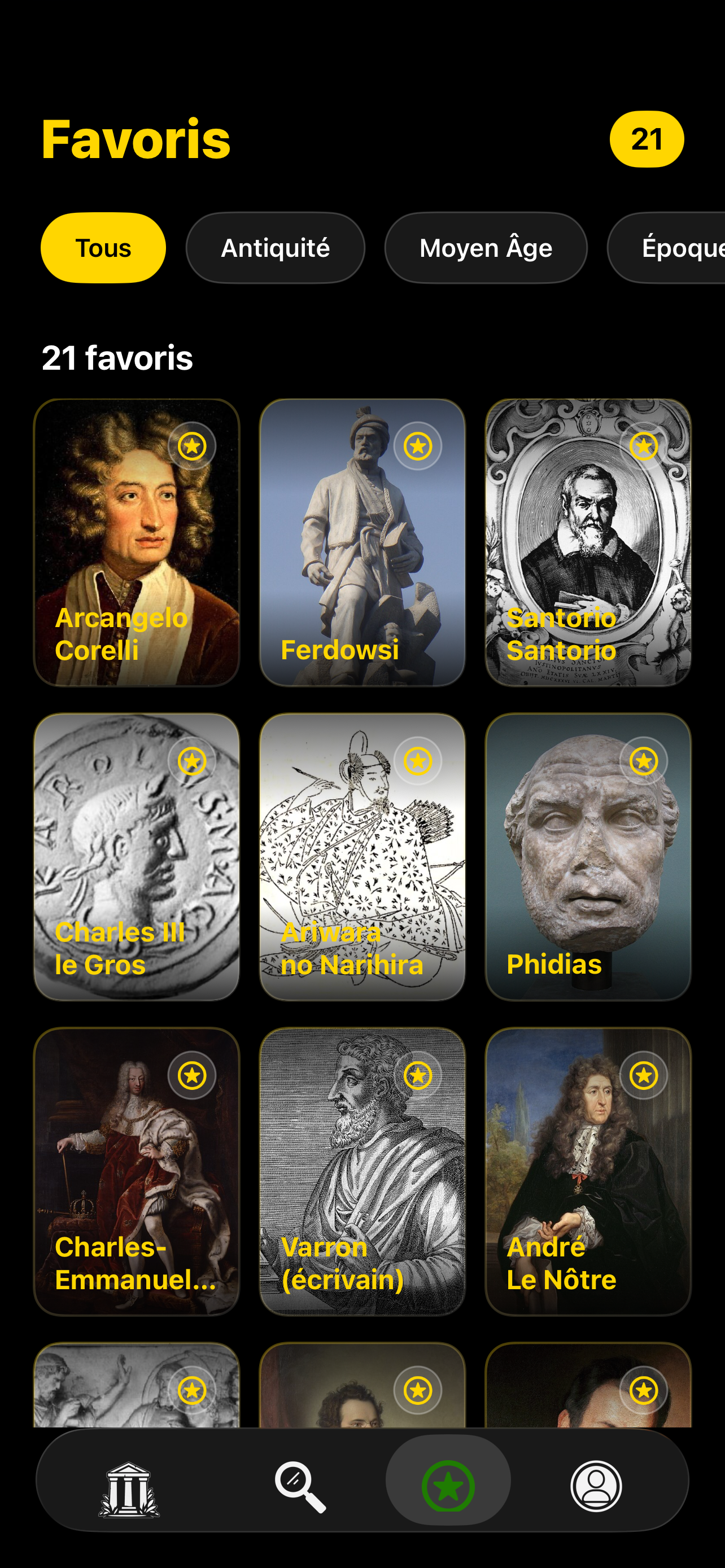 Gestion des favoris dans Epock - Liste des personnages historiques sauvegardés